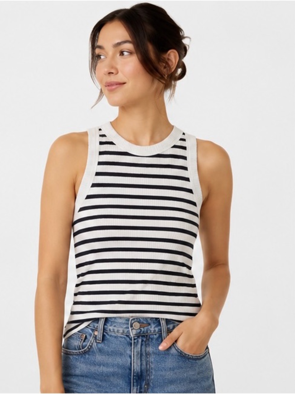 GAP High Neck Ribbed Tank Top Black White Stripe Large